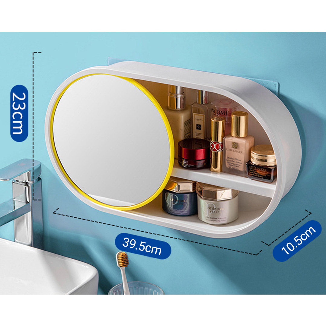 NNEAGS 39cm Oval Wall-Mounted Mirror Storage Box Vanity Mirror Rack Bathroom Adhesive Shelf Home Organiser Decor