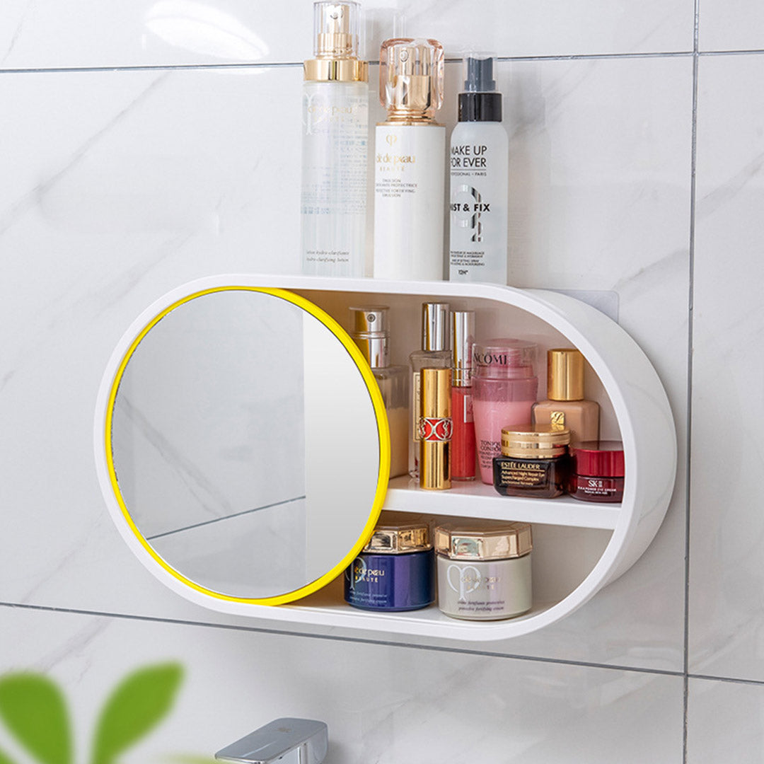 NNEAGS 39cm Oval Wall-Mounted Mirror Storage Box Vanity Mirror Rack Bathroom Adhesive Shelf Home Organiser Decor