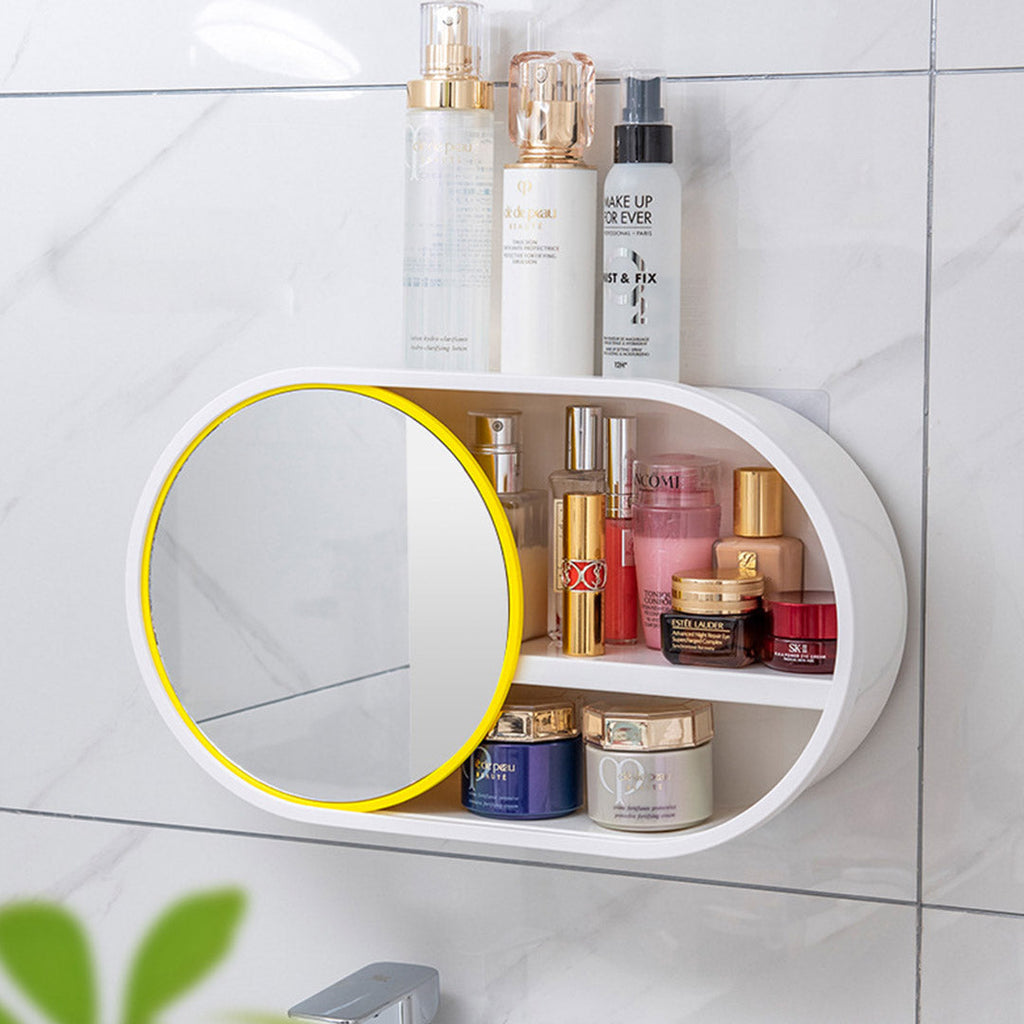 NNEAGS 2X 39cm Oval Wall-Mounted Mirror Storage Box Vanity Mirror Rack Bathroom Adhesive Shelf Home Organiser Decor