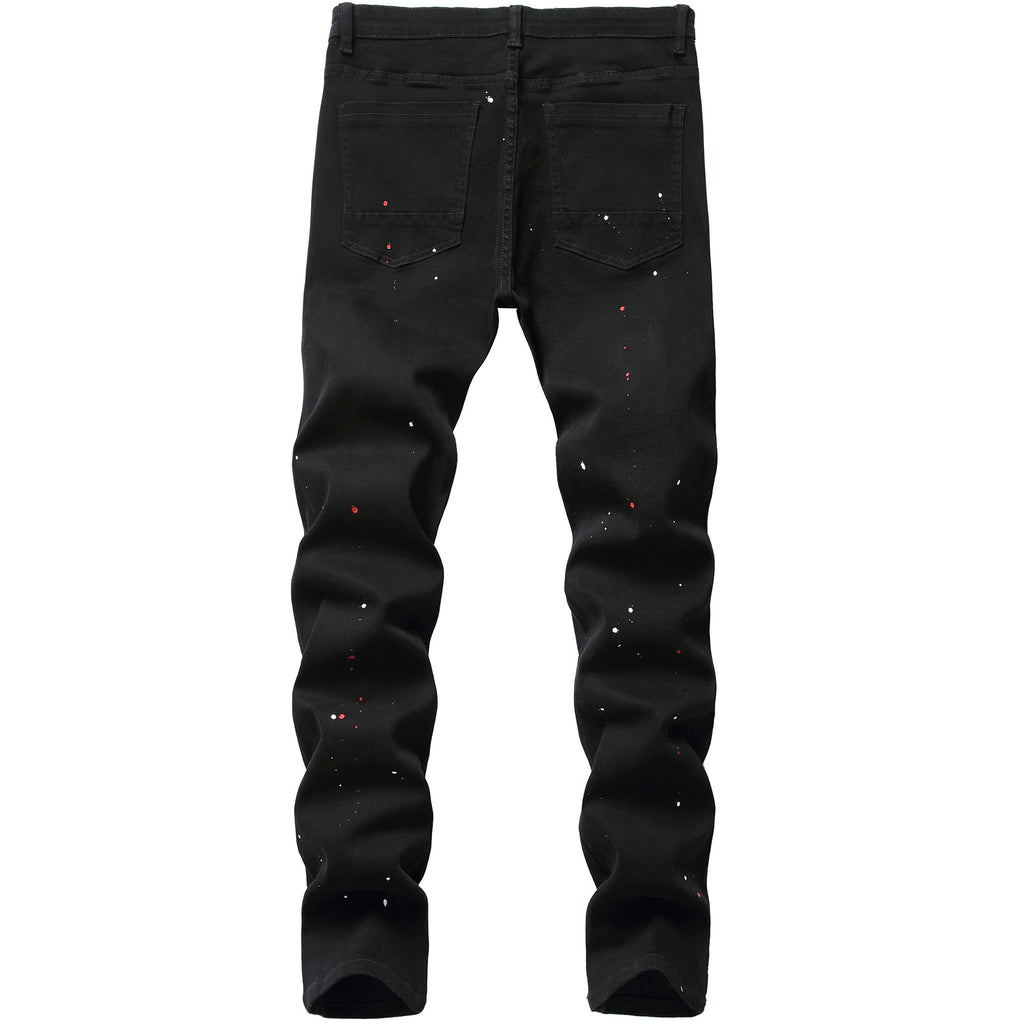 Black jeans men's 2025 new men's jeans fashionable paint men's tapered trousers stretch slim fit men's pants foreign trade