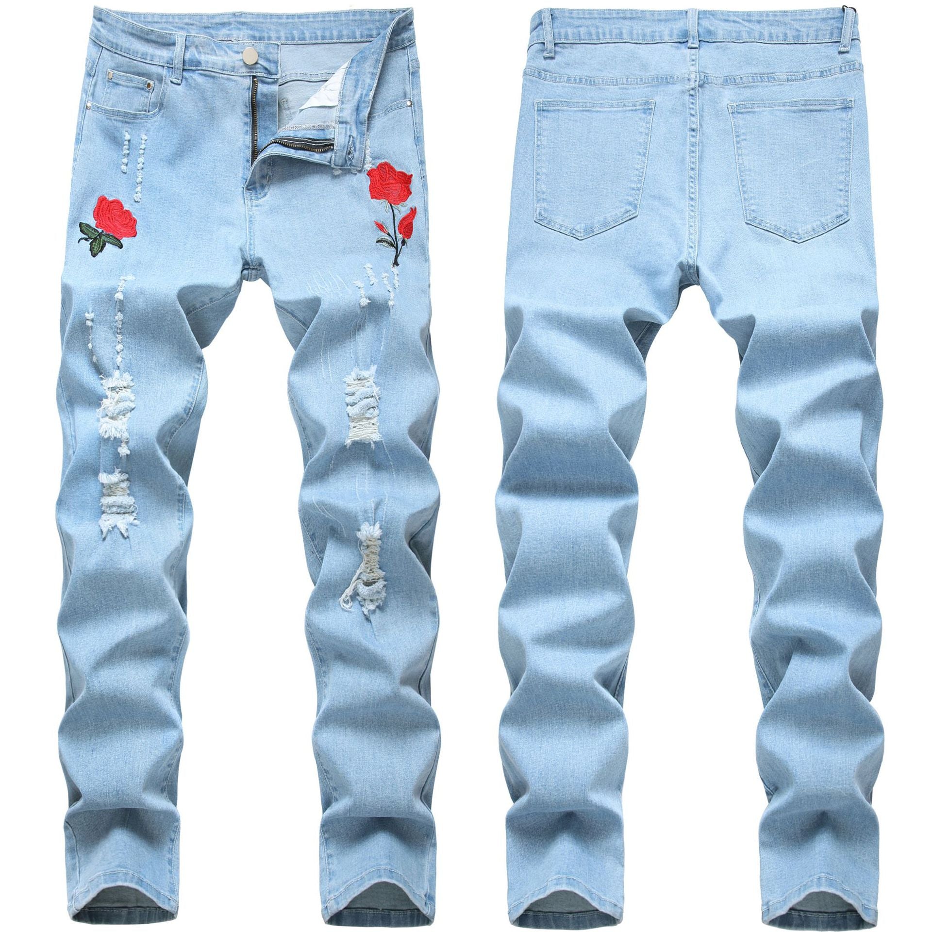 Embroidered jeans men's Stretch Slim-fit ripped embroidered jeans exclusive for cross-border men's jeans summer thin