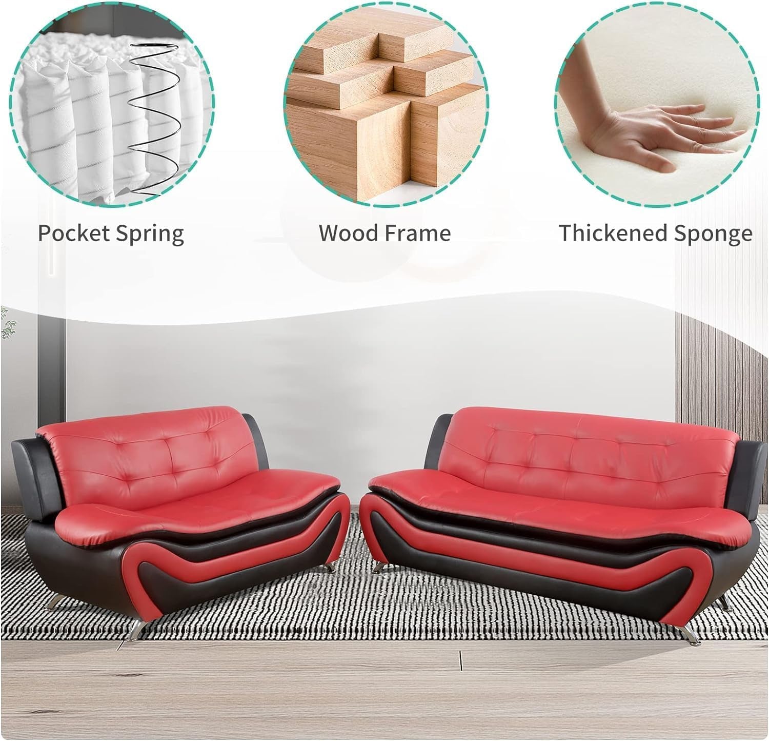 Faux Leather Living Room Sofa Set Red Black Loveseat