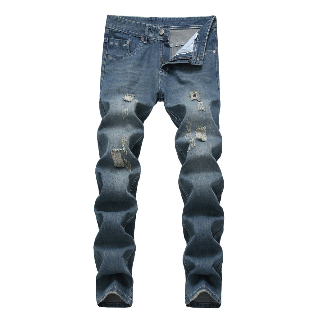 Jeans ripped jeans 301 men's fashionable white nostalgic light blue ripped Korean style jeans 302