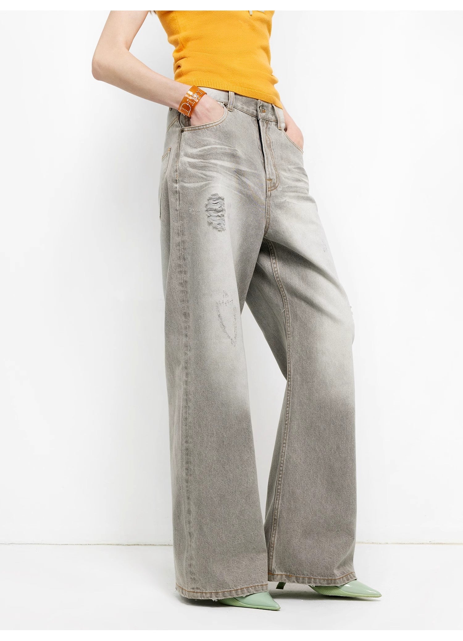 "Adolescent" Retro Street Style Heavy-Wash Low-Waist Straight-Leg Wide-Leg Versatile Light-Wash Jeans