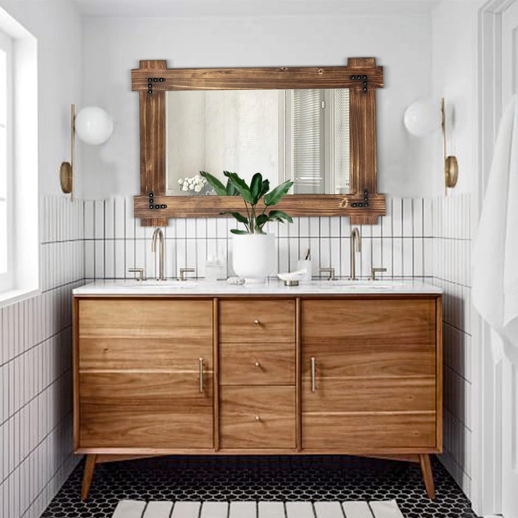 20x30 Rustic Wood Mirror For Bath With Black Metal Accents