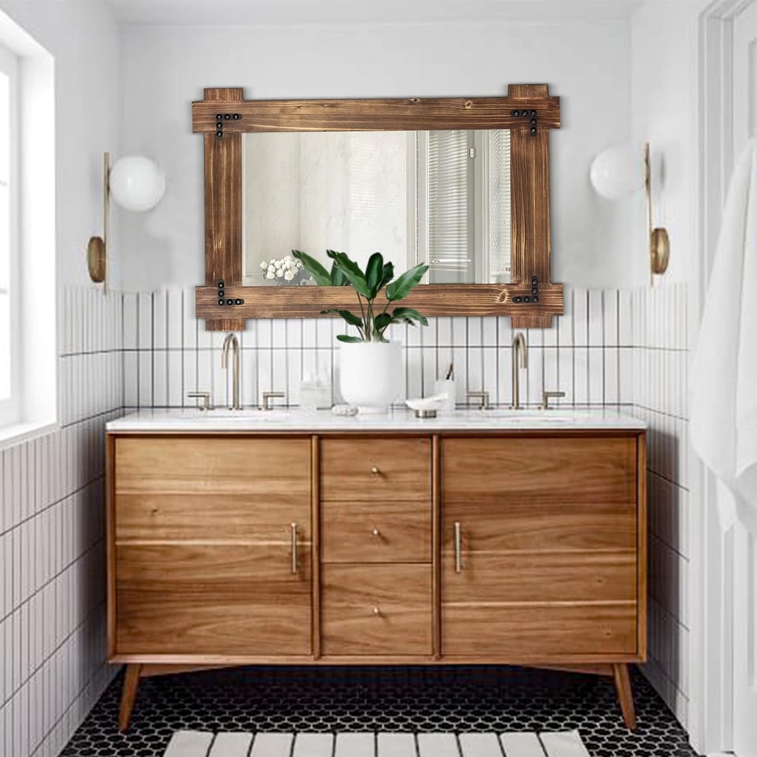 20x30 Rustic Wood Mirror For Bath With Black Metal Accents