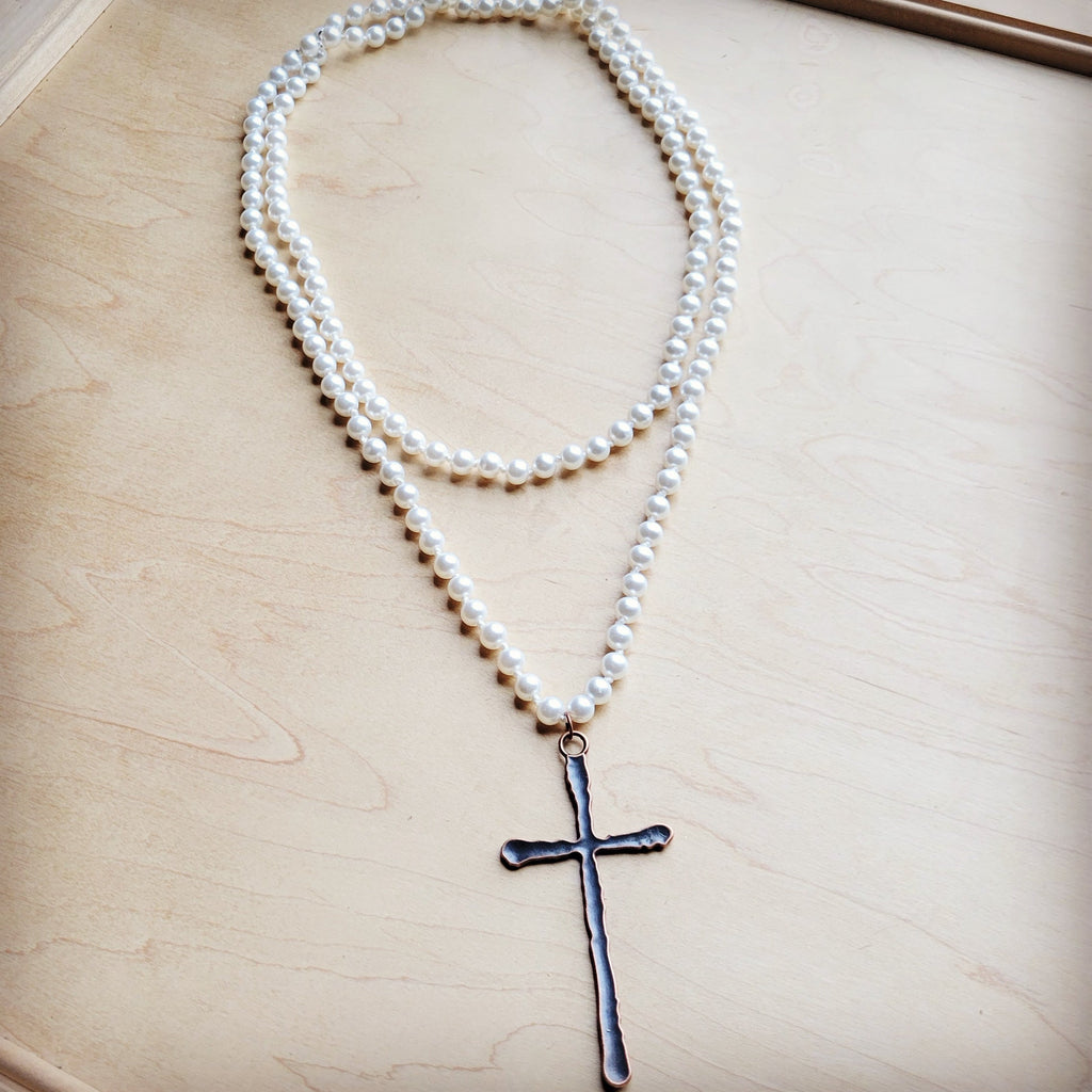 Extra Long Pearl Beaded Necklace w/ Copper Cross 260m