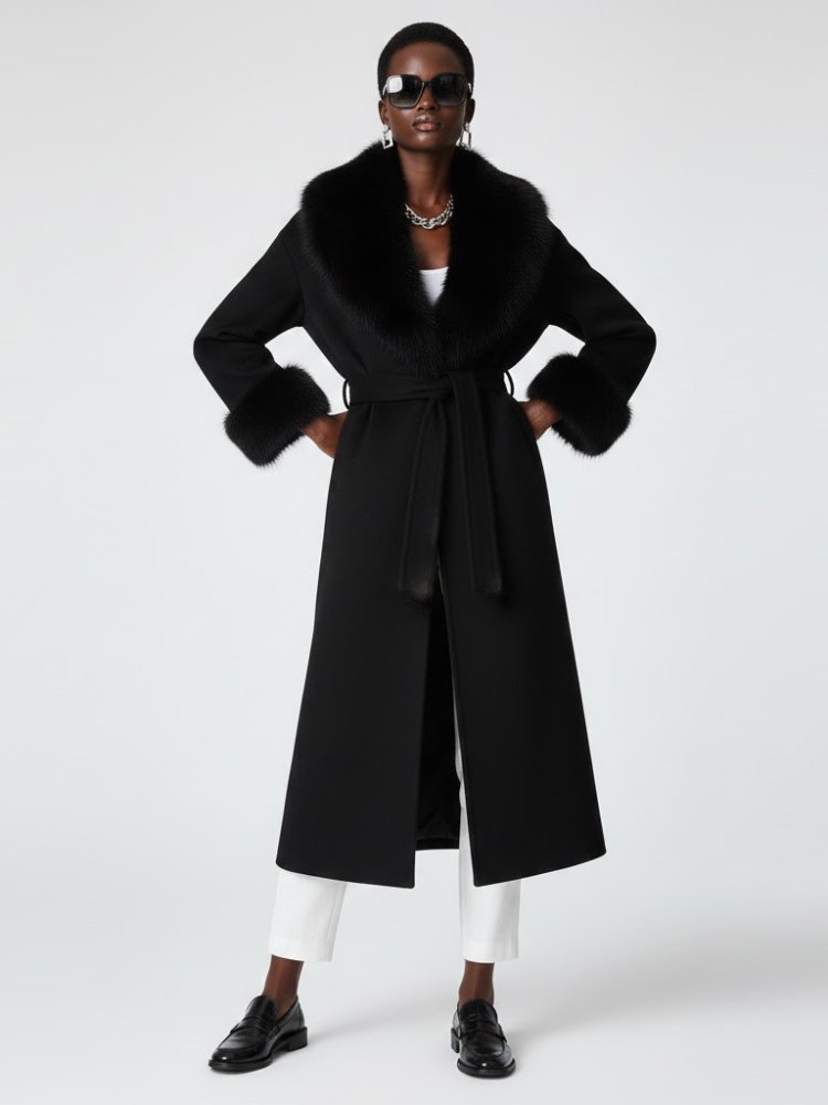 Black Long Coat with Faux Fur Collar - CADMAN PLAZA: New Collection COUTURE in BROOKLYN - BYMANYC ® New York