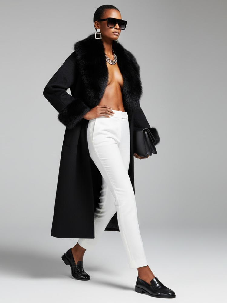 Black Long Coat with Faux Fur Collar - CADMAN PLAZA: New Collection COUTURE in BROOKLYN - BYMANYC ® New York