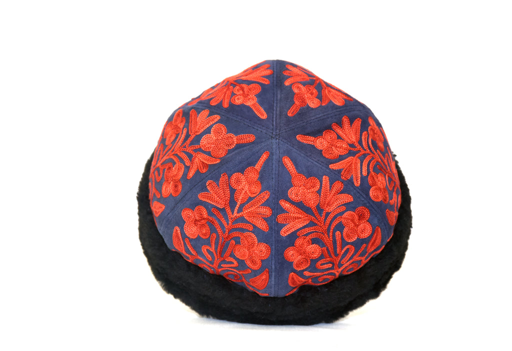 Handcrafted Navy and Red Suede Embroidered Hat