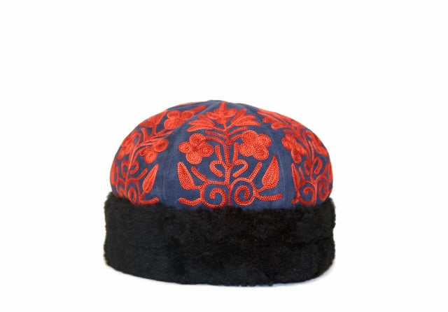 Handcrafted Navy and Red Suede Embroidered Hat