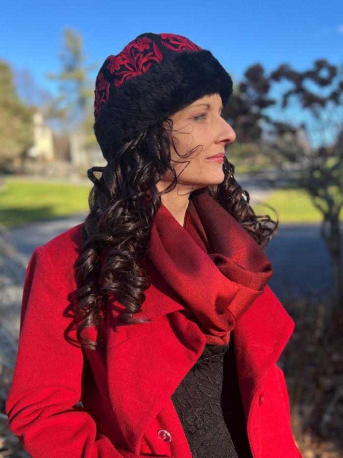 Handcrafted Black and Red Suede Embroidered Hat