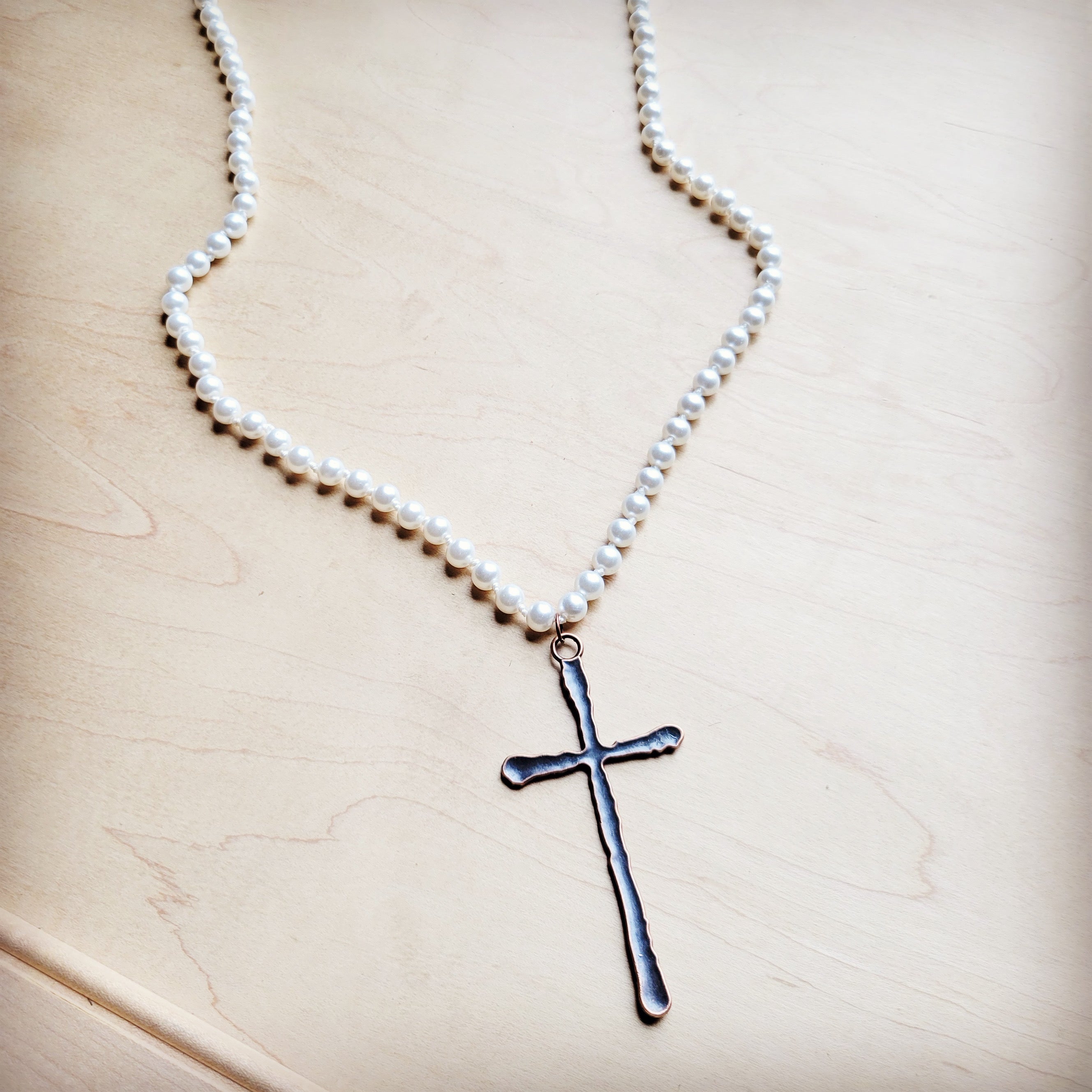 Extra Long Pearl Beaded Necklace w/ Copper Cross 260m