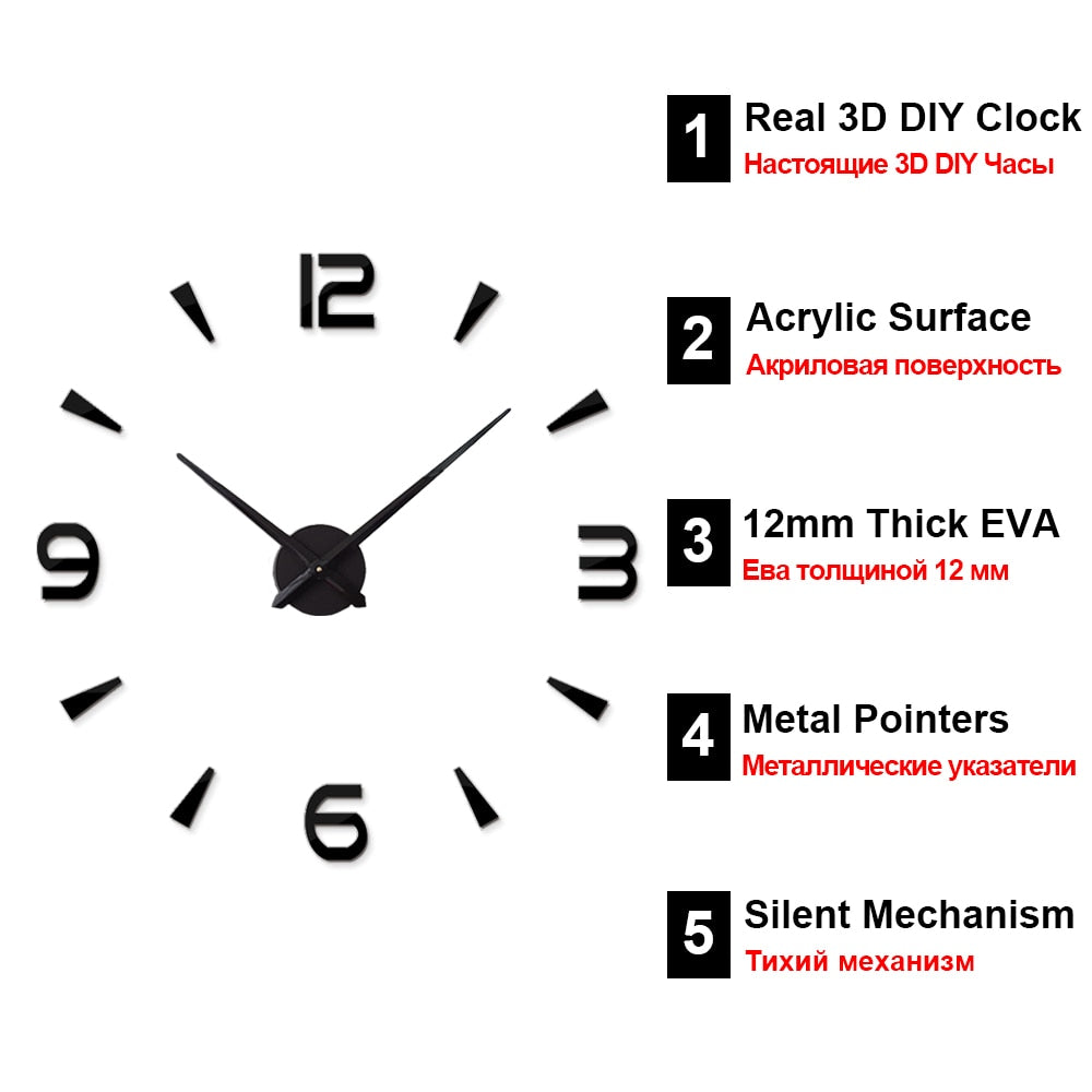 NNEOBA Large Wall Clock Quartz 3D DIY Big Watch Decorative Kitchen Clocks Acrylic Mirror Sticker Oversize Wall Clocks Home Letter Decor