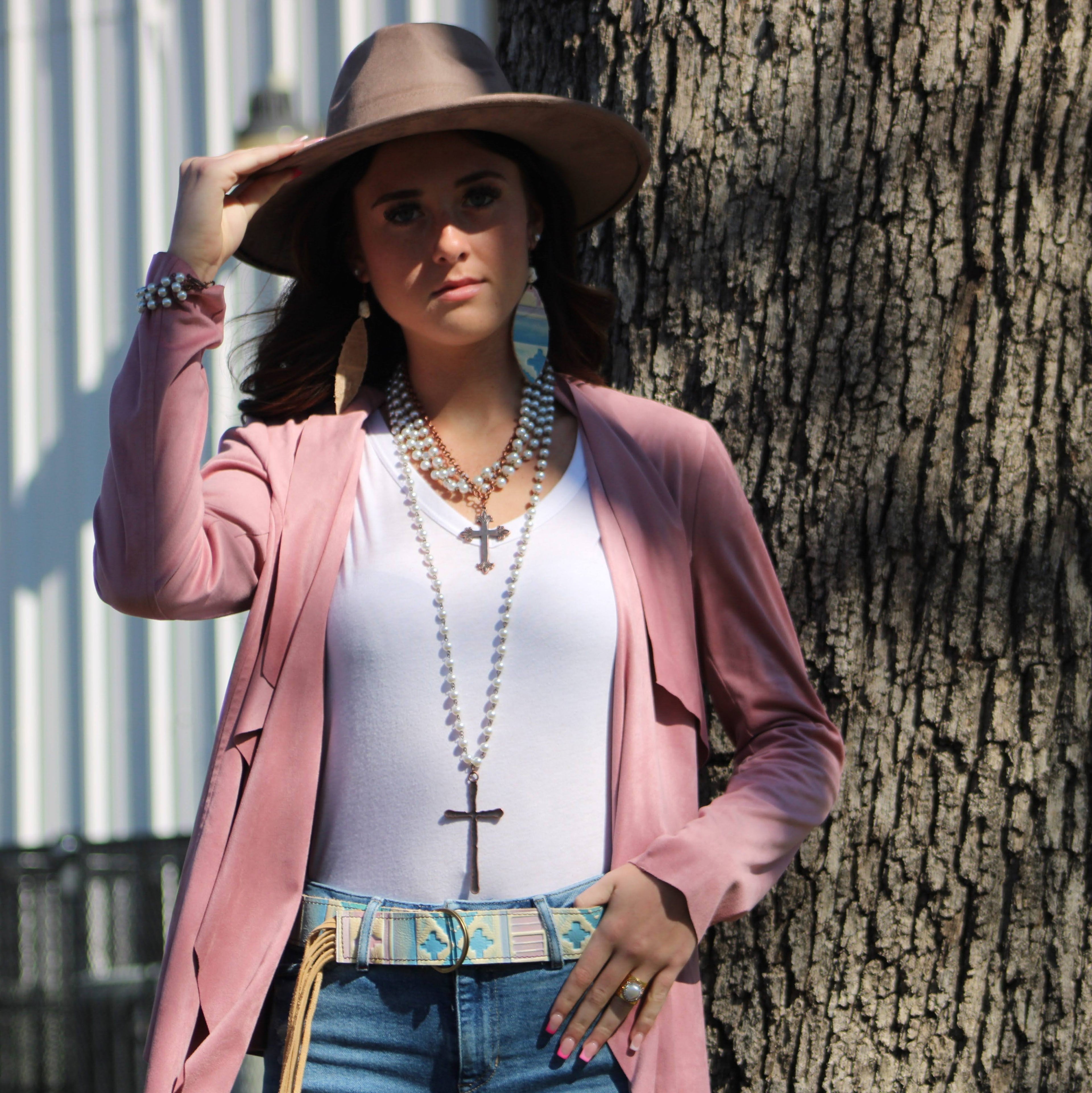 Pearl and Copper Beaded Collar Necklace with Copper Cross 114G