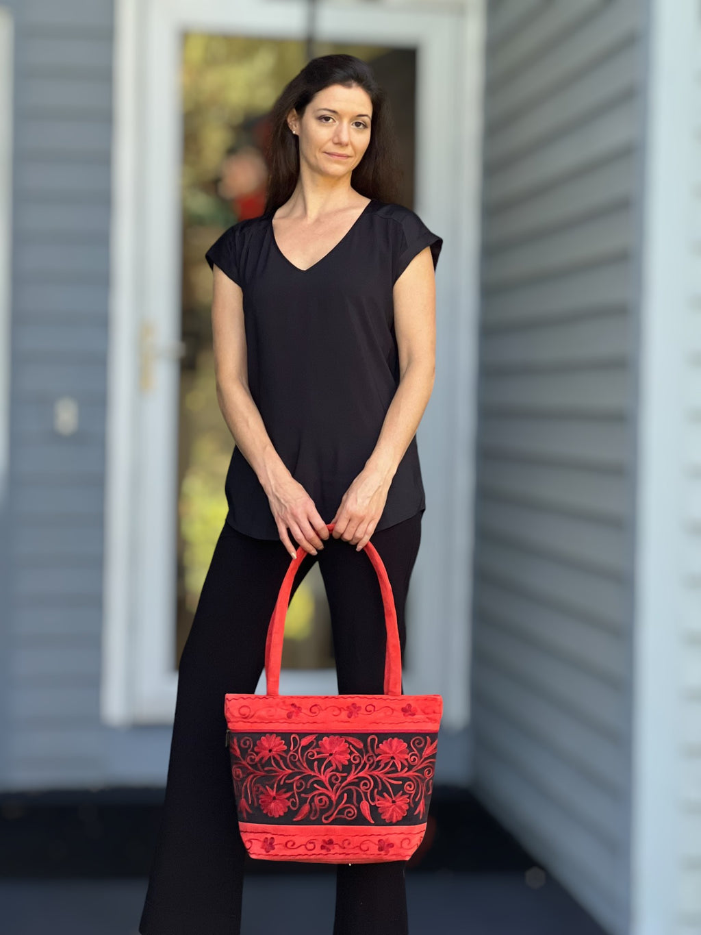 Handmade Red Suede Embroidered Tote Bag