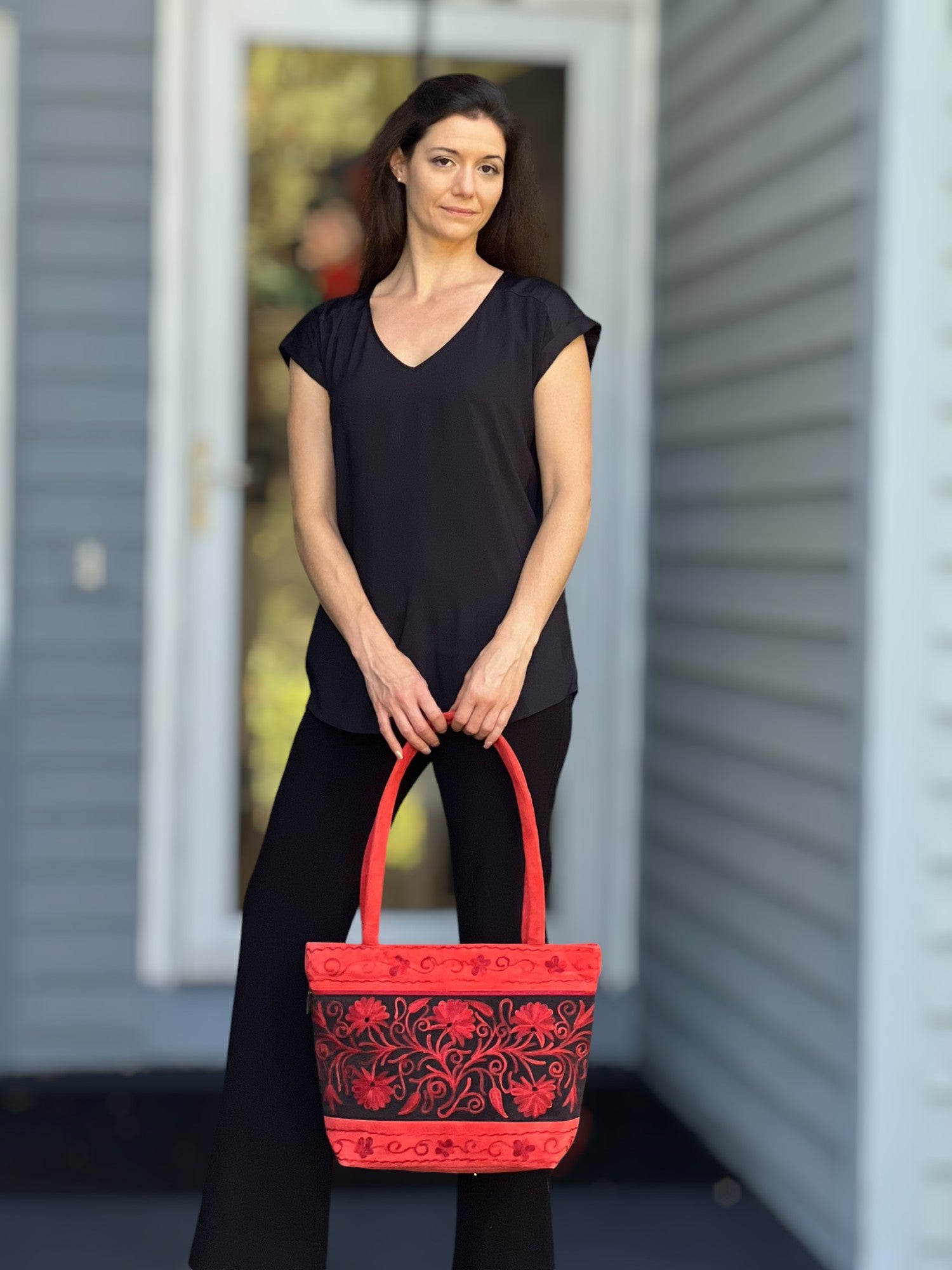 Handmade Red Suede Embroidered Tote Bag