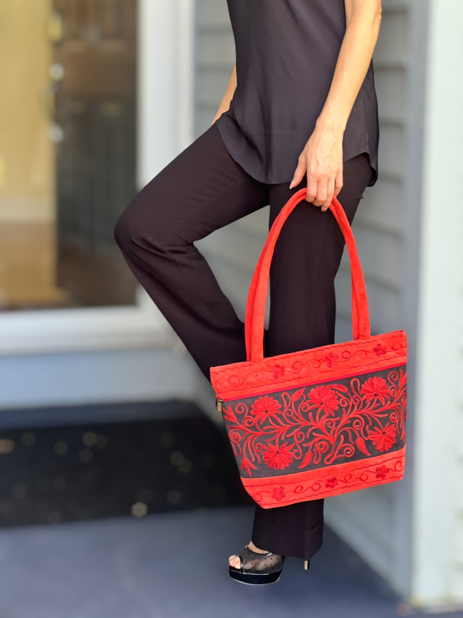 Handmade Red Suede Embroidered Tote Bag