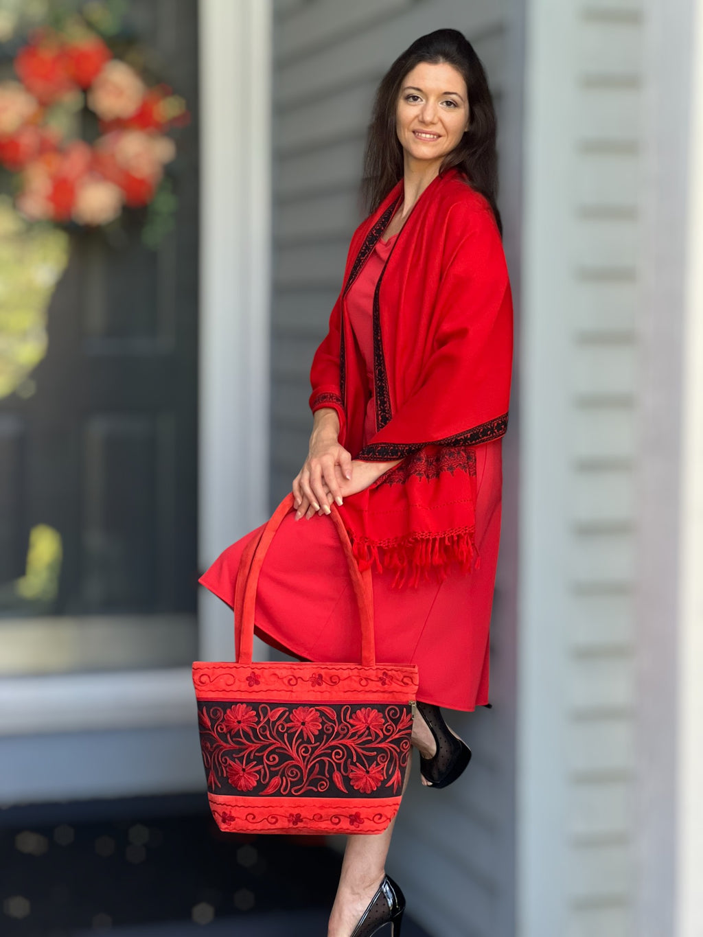 Handmade Red Suede Embroidered Tote Bag