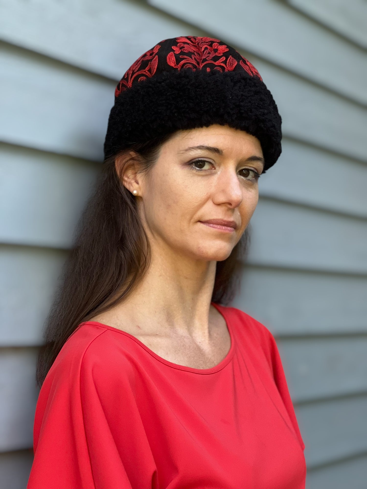 Handcrafted Black and Red Suede Embroidered Hat