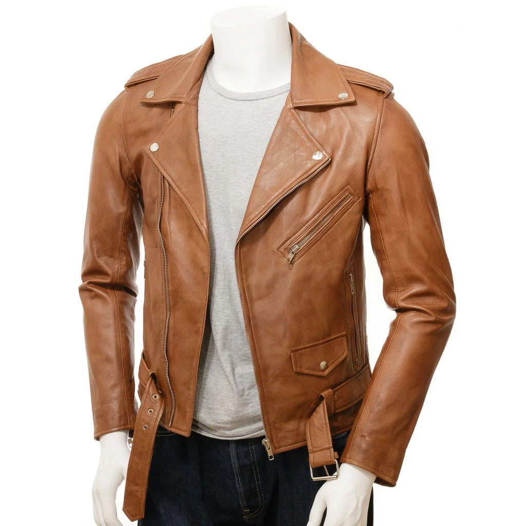 MEN BROWN LEATHER BIKER JACKET SALEM