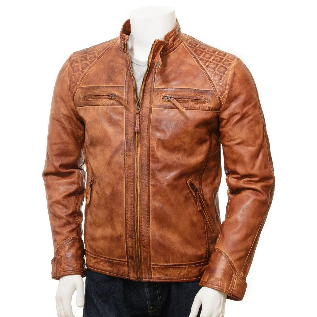 MEN BROWN LEATHER BIKER JACKET OAKFIELD