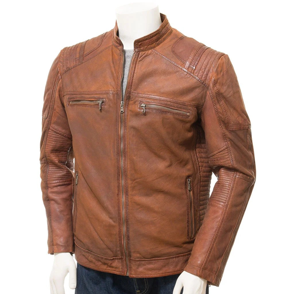 MEN BROWN LEATHER BIKER JACKET ORWELL