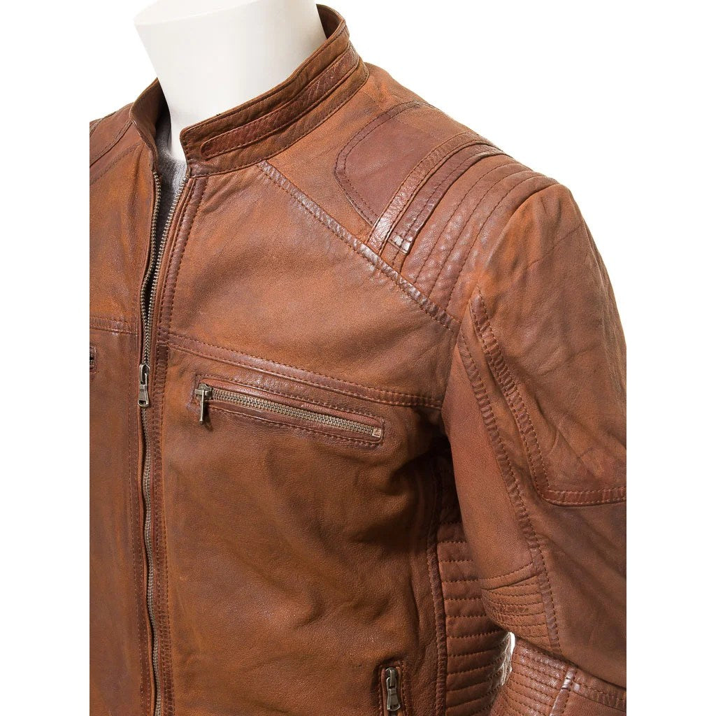 MEN BROWN LEATHER BIKER JACKET ORWELL