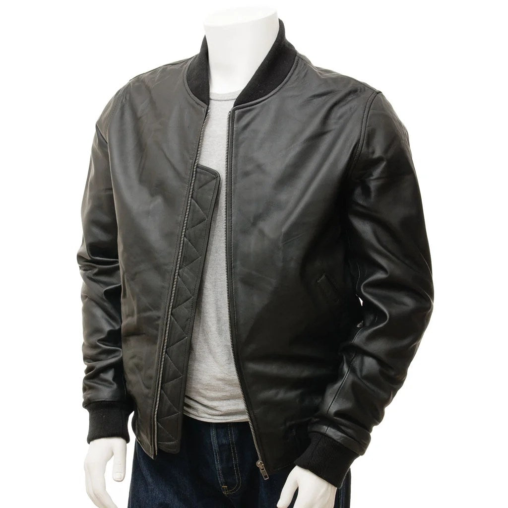 MEN BLACK LEATHER BOMBER JACKET BOSTON
