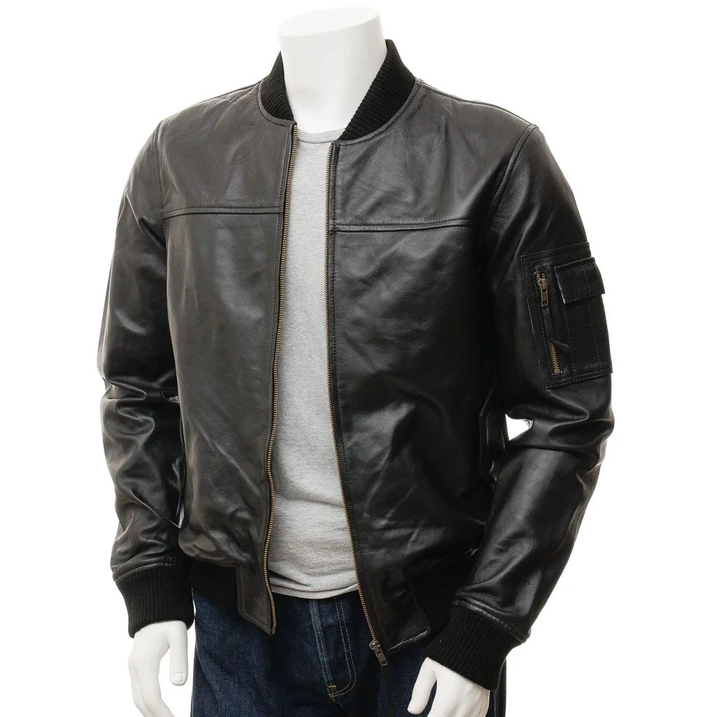 MEN BLACK LEATHER BOMBER JACKET BRANT