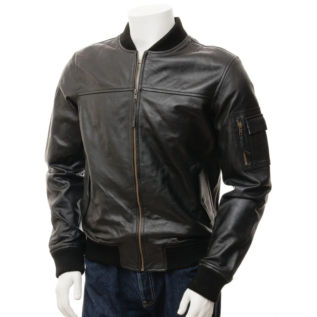MEN BLACK LEATHER BOMBER JACKET BRANT