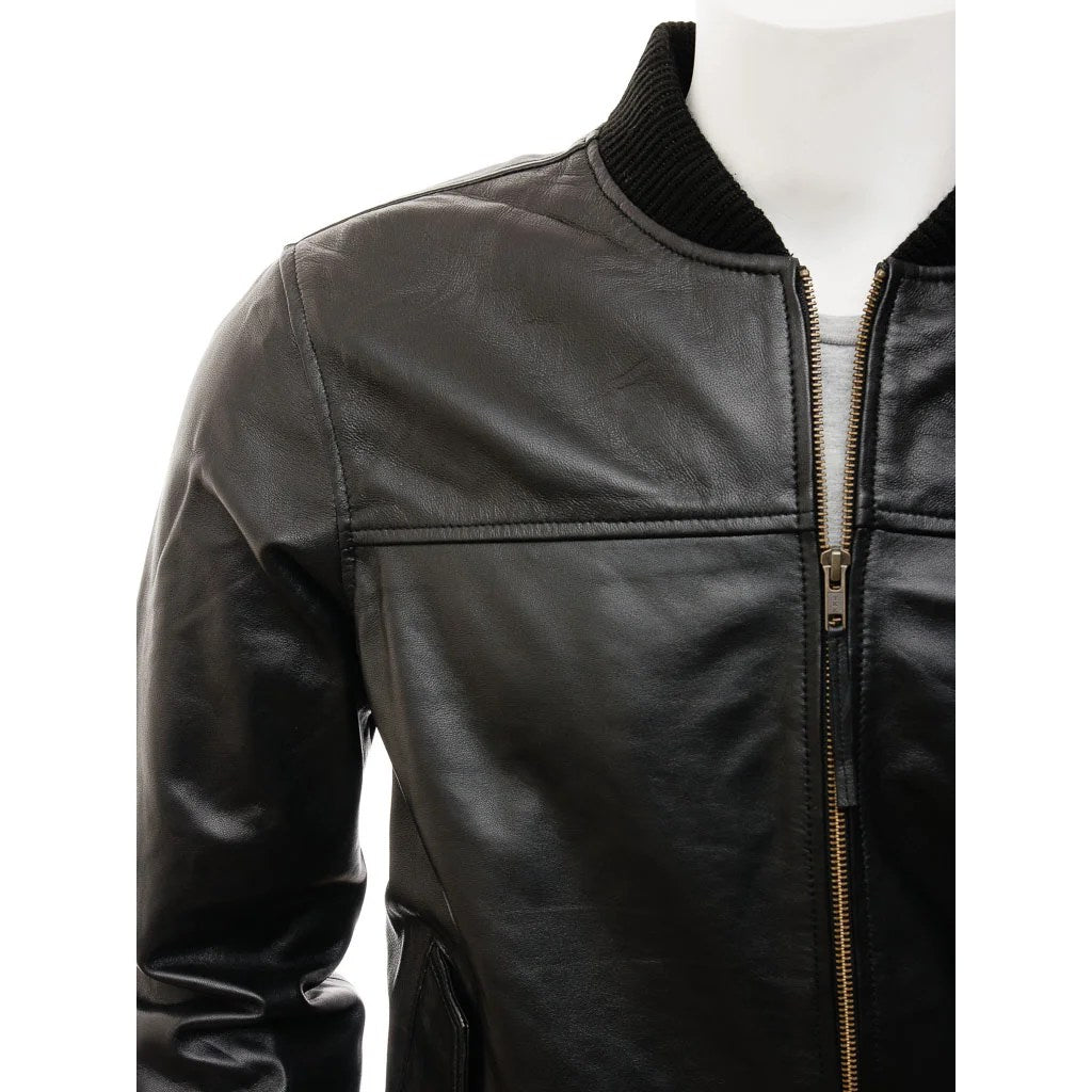 MEN BLACK LEATHER BOMBER JACKET BRANT
