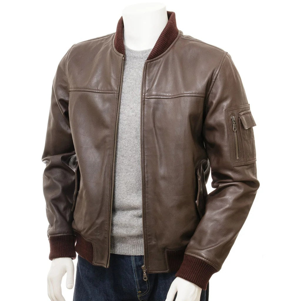 MEN BROWN LEATHER BOMBER JACKET BRISTOL