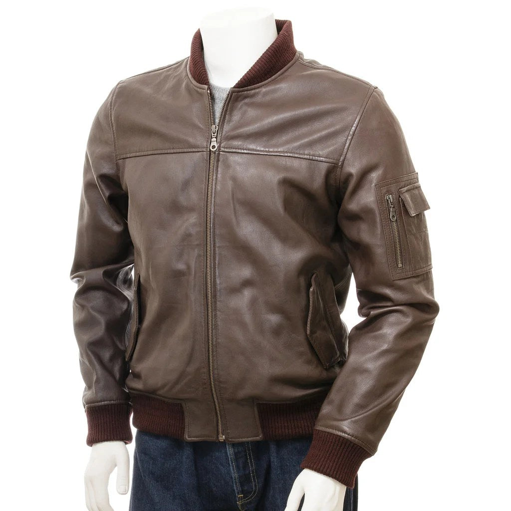 MEN BROWN LEATHER BOMBER JACKET BRISTOL
