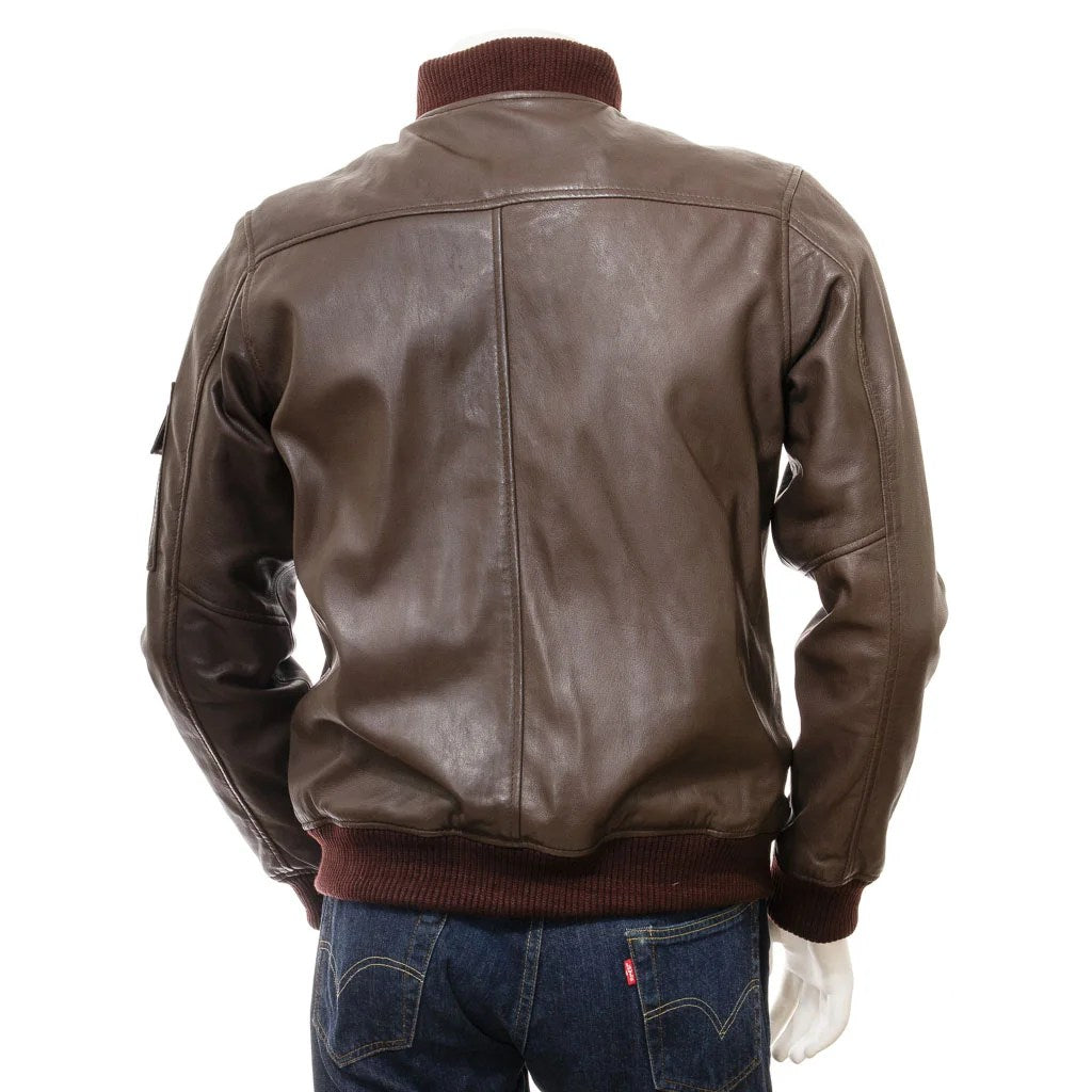 MEN BROWN LEATHER BOMBER JACKET BRISTOL