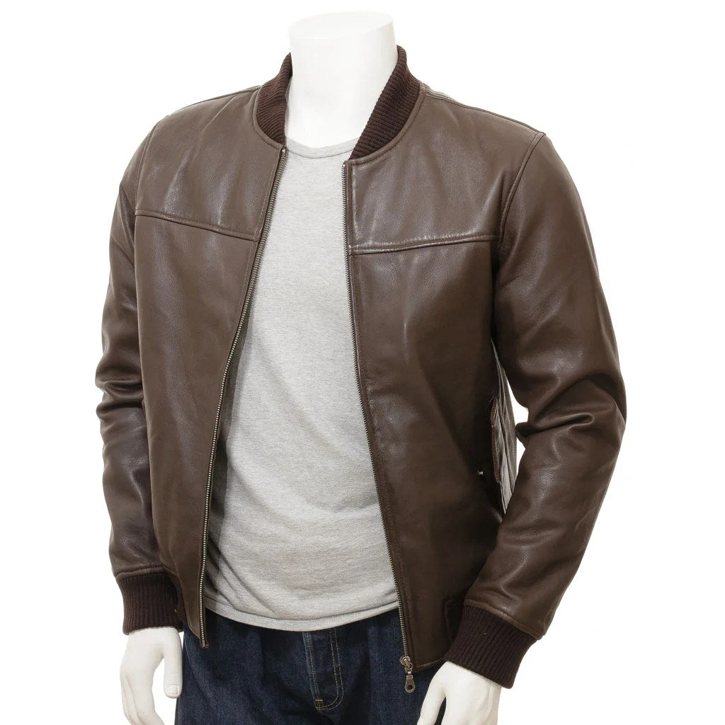 MEN BROWN LEATHER BOMBER JACKET BROWNVILLE