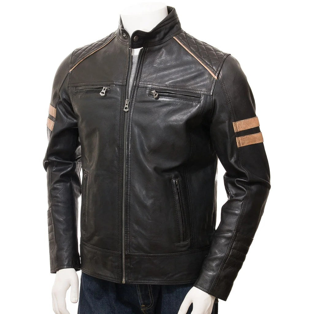 MEN BLACK LEATHER BIKER JACKET ADAMS