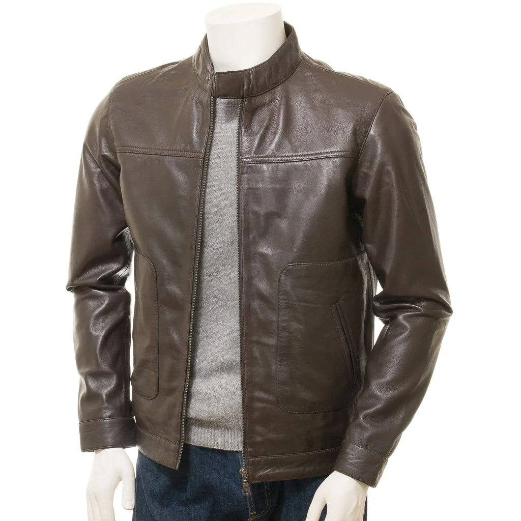 MEN BROWN LEATHER BIKER JACKET BOLTON