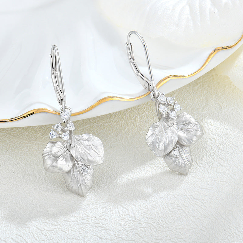Retro distressed leaf-shaped earring S925 silver female zircon ear hook ear rings foreign trade cross-border jewelry silver accessories processing
