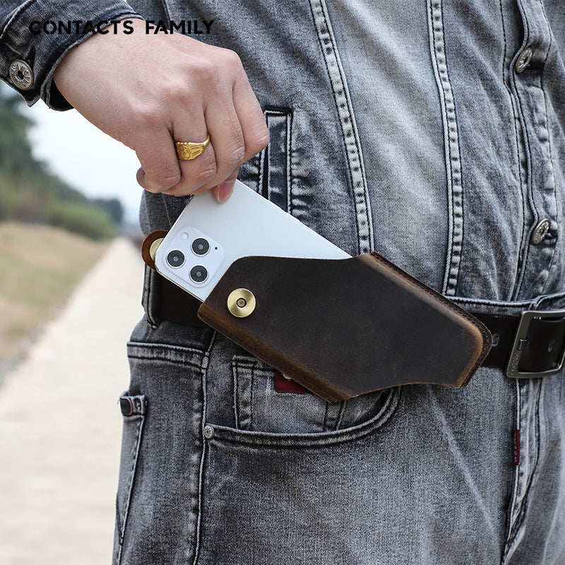 Applicable iPhone 16Pro mobile phone case Crazy Horse leather Apple 15 portable outdoors across leather belt mobile phone leather case