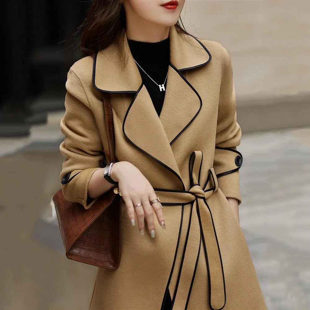 2023 autumn and winter New Fashion loose profile warm handmade lace-up high-end woolen coat mid-length coat female fashion