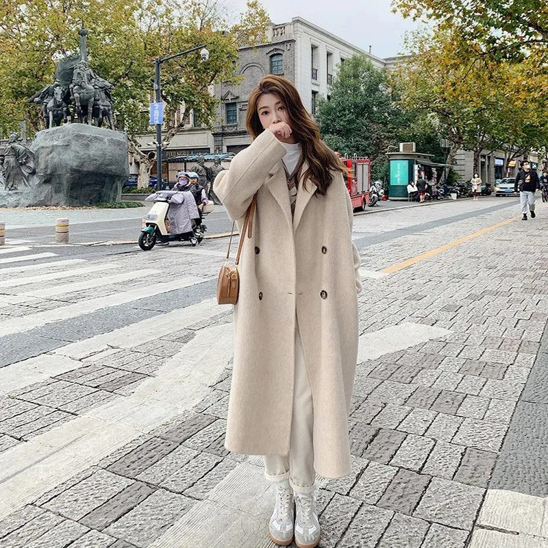 Pink reversible cashmere coat women 2023 autumn and winter New Korean style loose mid-length Hepburn style woolen coat
