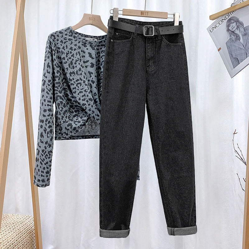 Harem jeans women's fashion trending retro high waist loose Korean style baggy pants all-matching straight ankle-length dad jeans