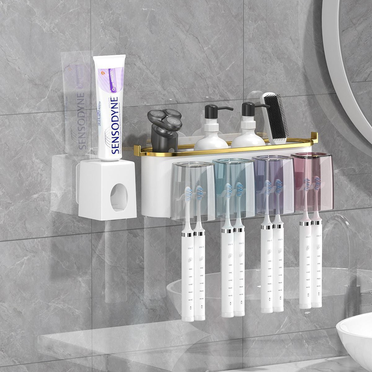 Cross-border toothbrush rack gargle Cup gold-plated toothbrush holder bathroom punch-free wall-mounted toothbrush storage rack suit