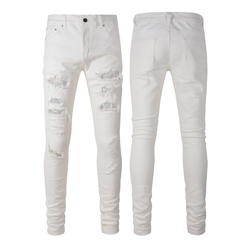 Cross-Border men's jeans White for men Diamond hole & patch High Street elastic slim-fitting men's clothing jeans men's pants