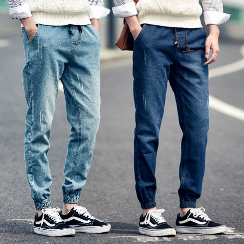 Men's jeans ankle-tied harem pants youth loose jeans autumn and winter elastic waist stretch skinny jeans