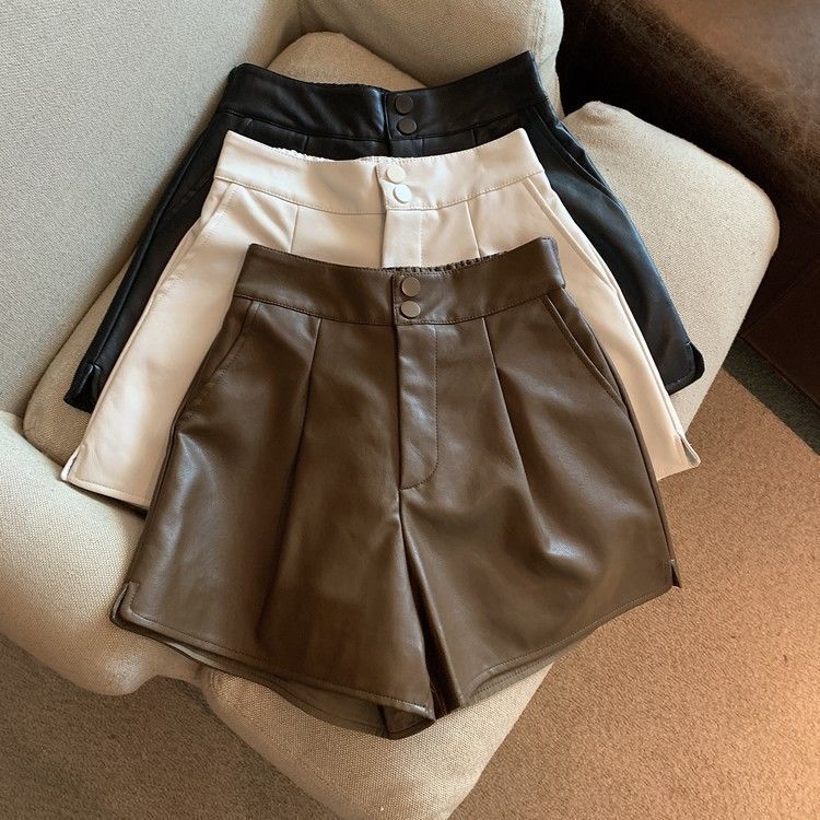PU leather shorts women's 2022 Autumn New elegant hot girl all-match waist slimming and wide leg A- line casual boot pants