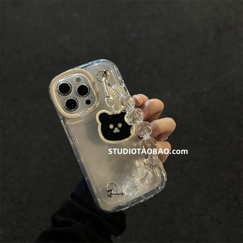 Cute transparent bear mirror pendant for Apple 14Promax phone case 12 female bracket iphone13 air cushion