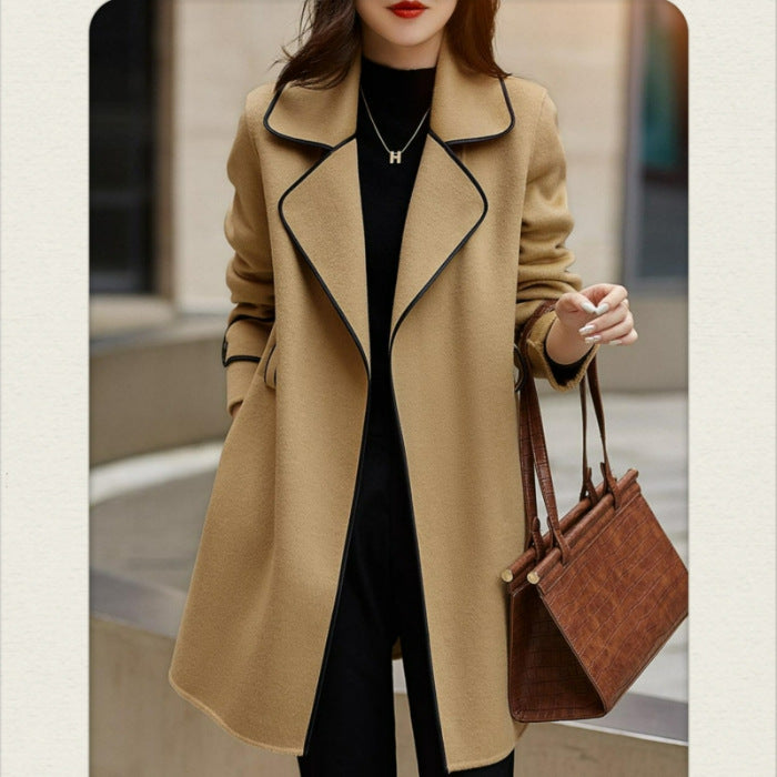 2023 autumn and winter New Fashion loose profile warm handmade lace-up high-end woolen coat mid-length coat female fashion
