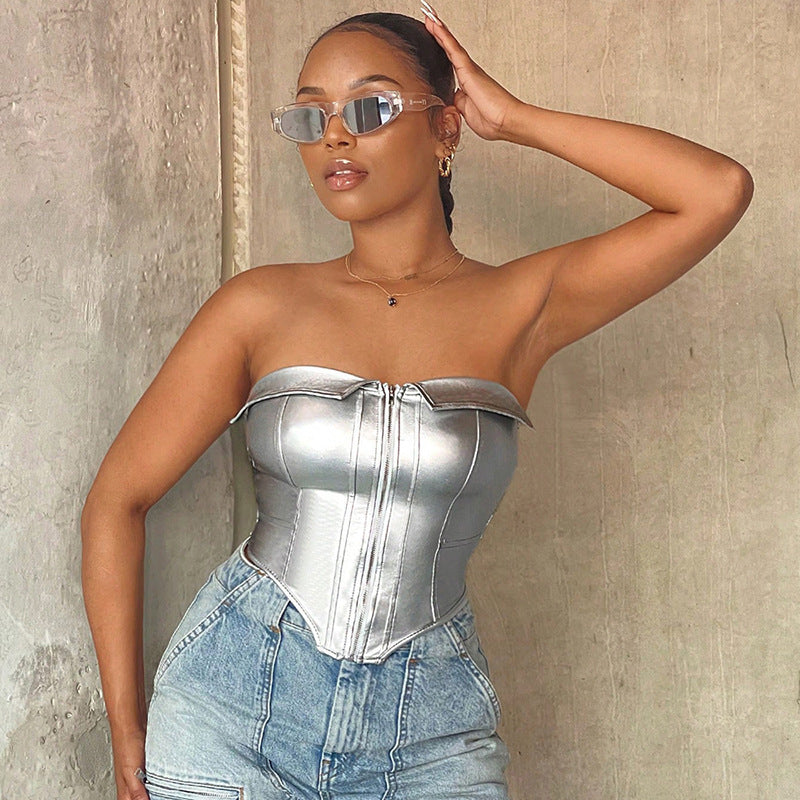 European and American Lapel Bustier PU Leather Boned Zipper Top